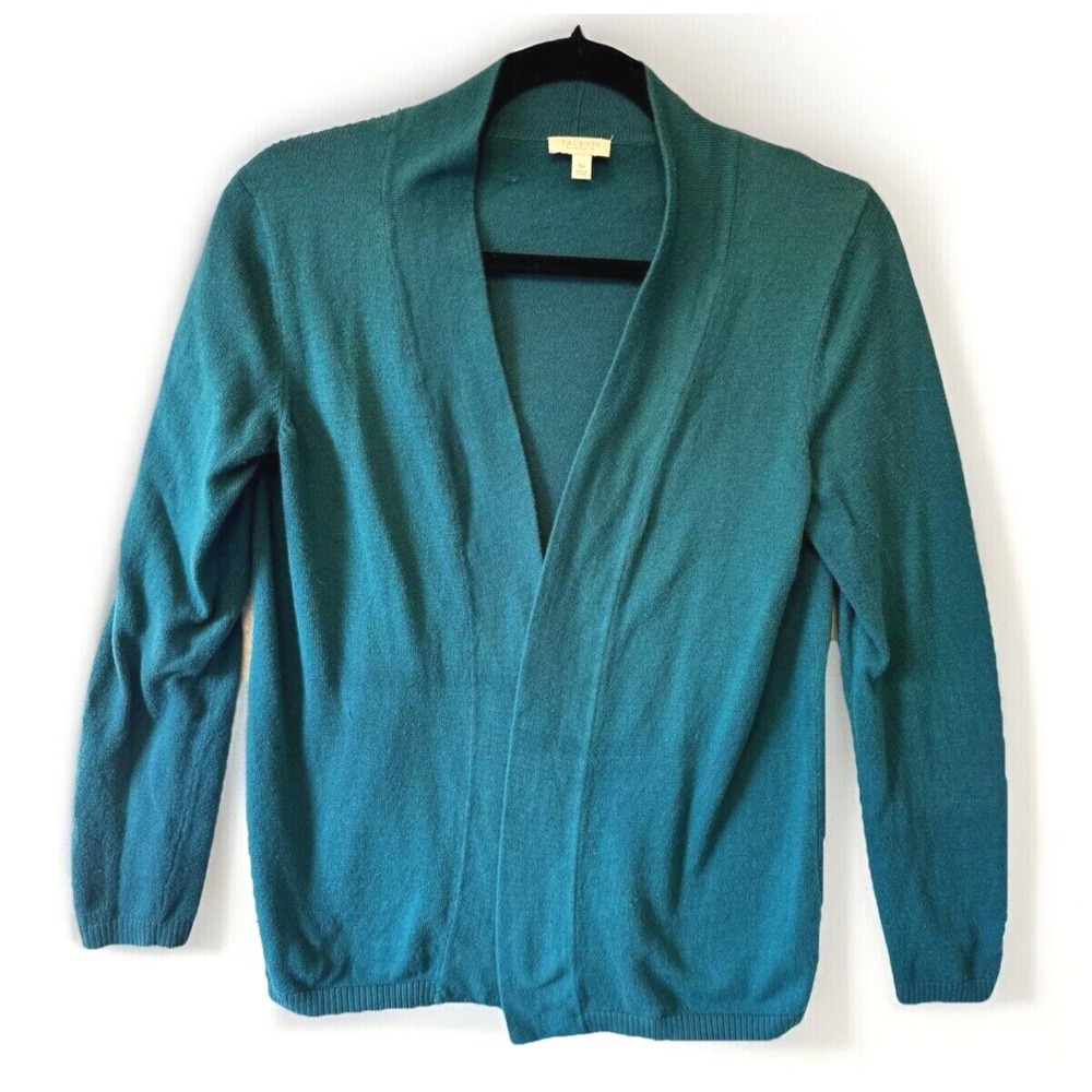 Talbots Open Front Cardigan Women SP Teal Blue Cotton Blend Layering Minimalist